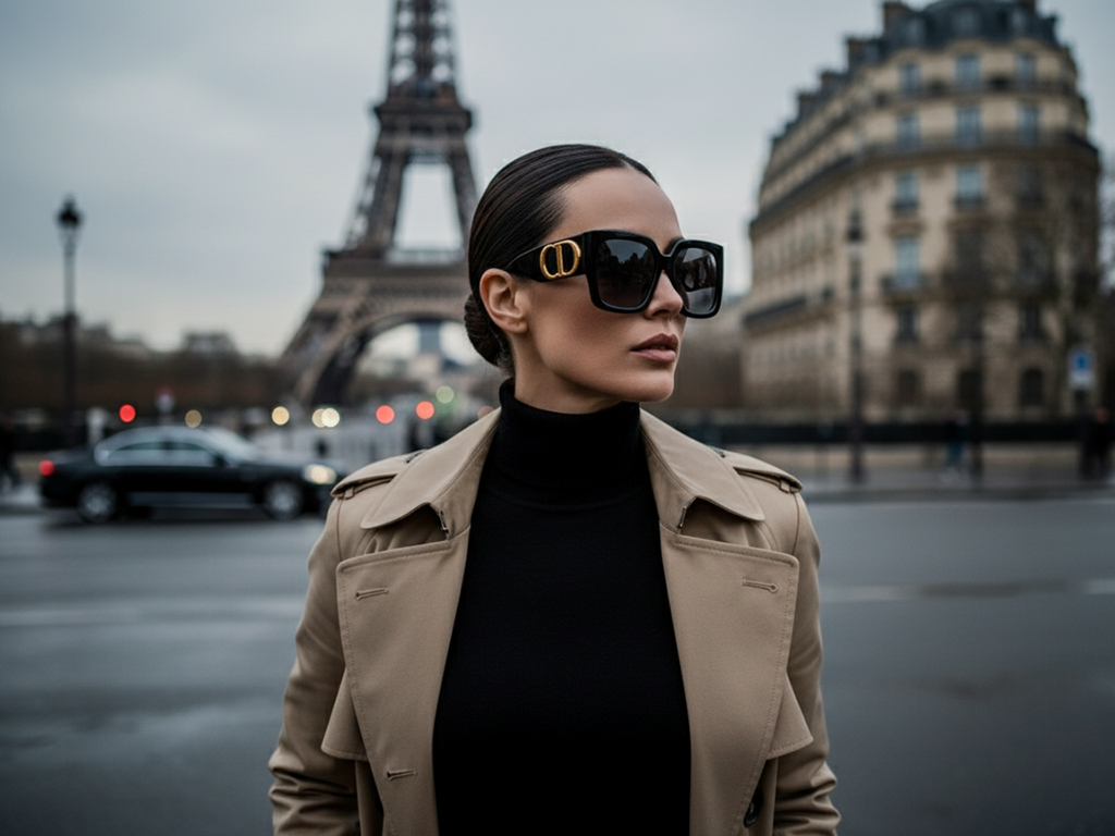 "مدل زن شیک با عینک آفتابی دیور اورسایز در پاریس، استایل فشن زنانه