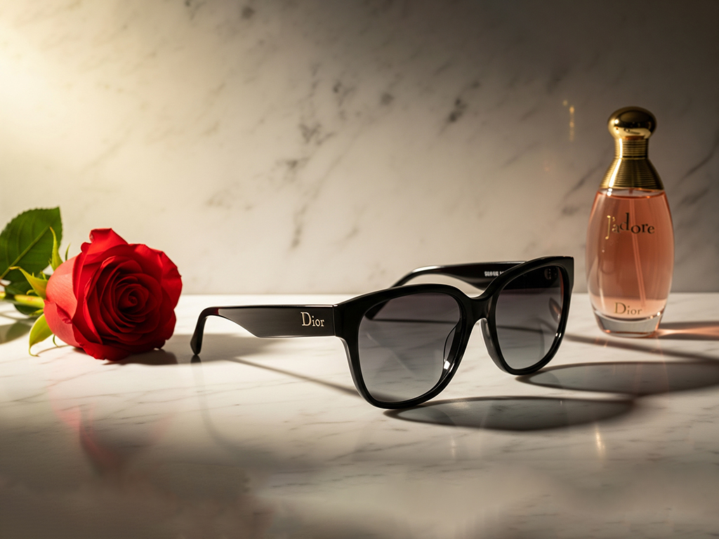 عینک آفتابی دیور روی مرمر با گل رز و عطر، ترکیب لوکس و هنری
