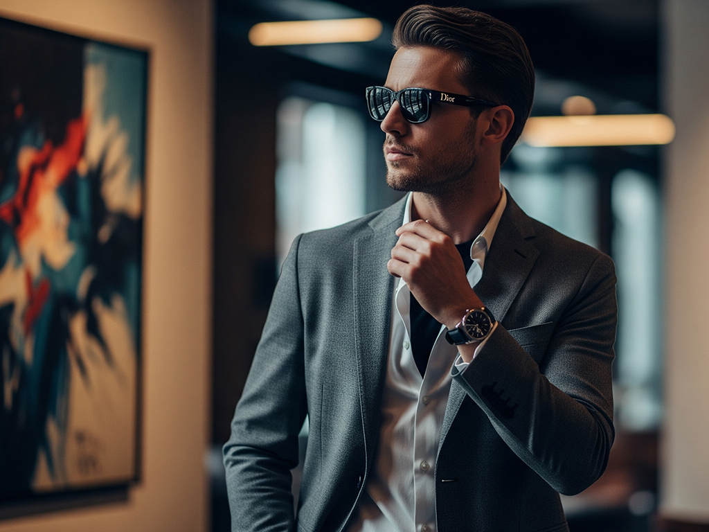 مرد شیکپوش با عینک آفتابی دیور در گالری هنری، استایل مدرن مردانه