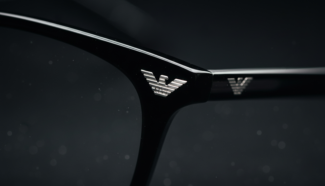 کلوزآپ لوگوی عقاب فلزی Emporio Armani روی دسته عینک، نشان اصالت