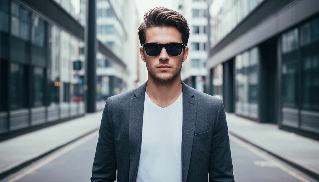 مدل مرد جوان با عینک آفتابی Emporio Armani در استایل شهری مدرن