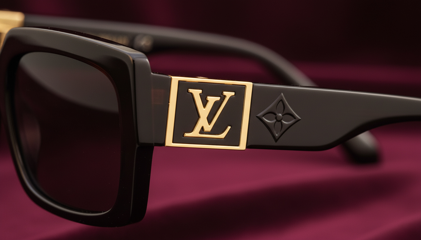 کلوزآپ دسته عینک لویی ویتون با الگوی مونوگرام LV برجسته، نماد اصالت و کیفیت