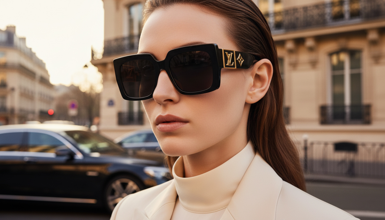 مدل شیکپوش با عینک آفتابی لوکس لویی ویتون با لوگوی LV روی فریم، در خیابان پاریس