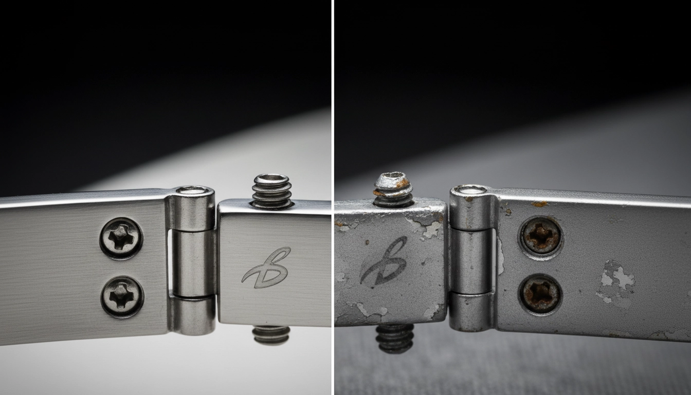 مقایسه جزئیات لولای عینک آفتابی اصل (Original) با مدل فیک (Fake)