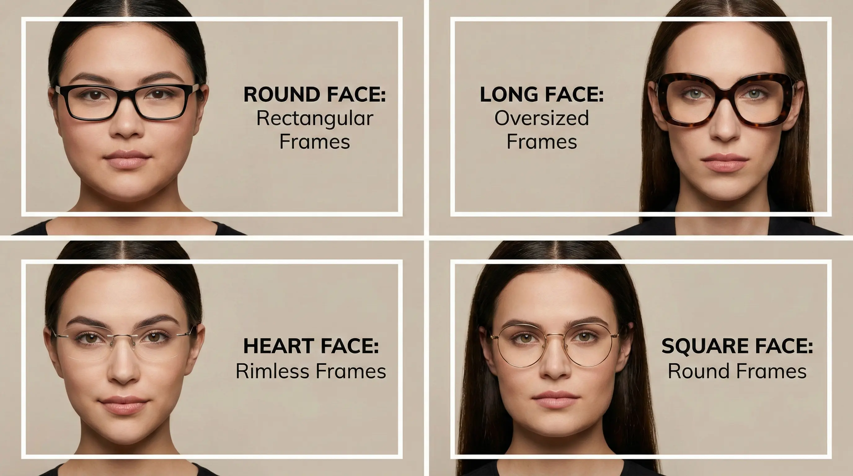 راهنمای تصویری انتخاب عینک طبی زنانه برای صورت گرد، کشیده و قلبی