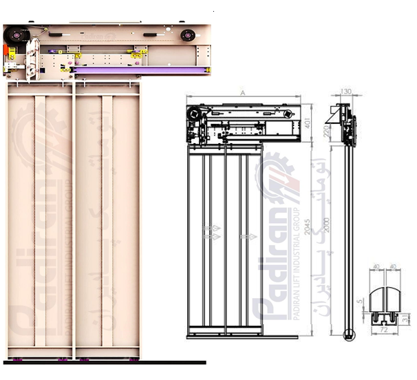درب کابین آسانسور تمام اتوماتیک تلسکوپی دو لته سایز 70