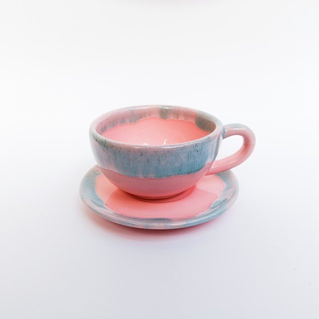 فنجان نعلبکی لته ارت رنگ صورتی مدل ملوس ست تک سرامیکی