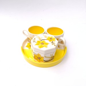 ست فنجان چای خوری دونفره سرامیکی طرح گل زرد