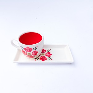 لیوان چایخوری سرامیکی سفید طرح دار با زیر لیوانی سرامیکی -نقاشی شده طرح لیانا