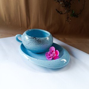 فنجان قهوه خوری لته رنگ آبی -پلیت سرامیکی رنگی
