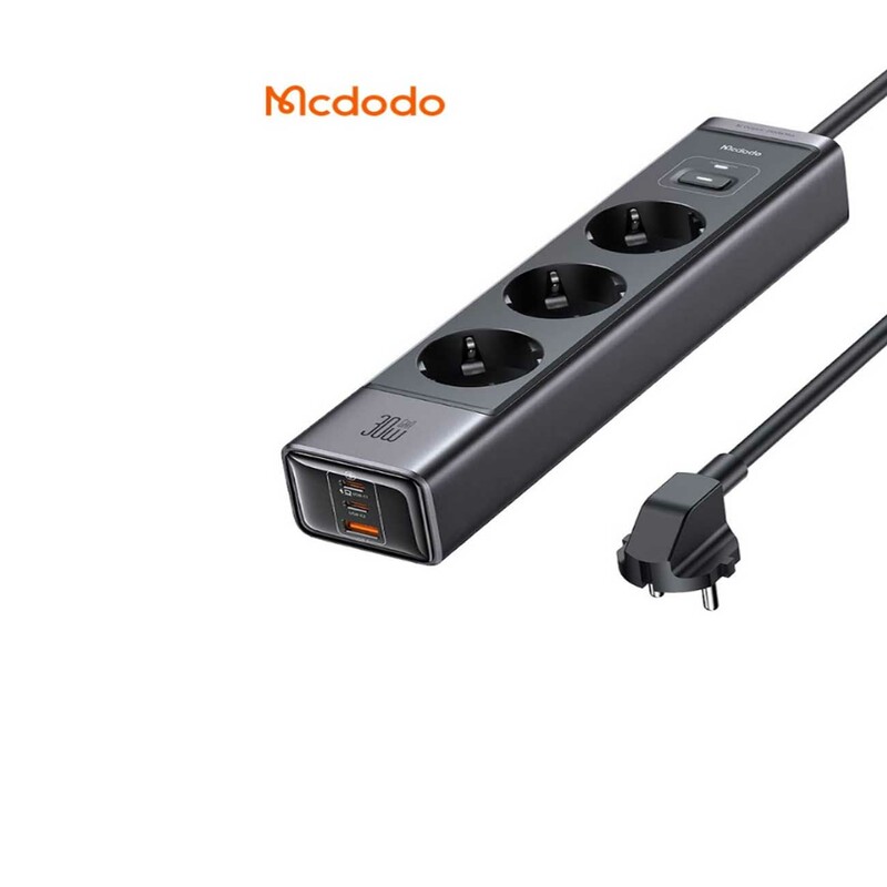 چندراهی برق 2500 وات سه سوکت، یک یو اس بی و دو تایپ سی 30 وات شارژ سریع رومیزی مک دودو CH-062