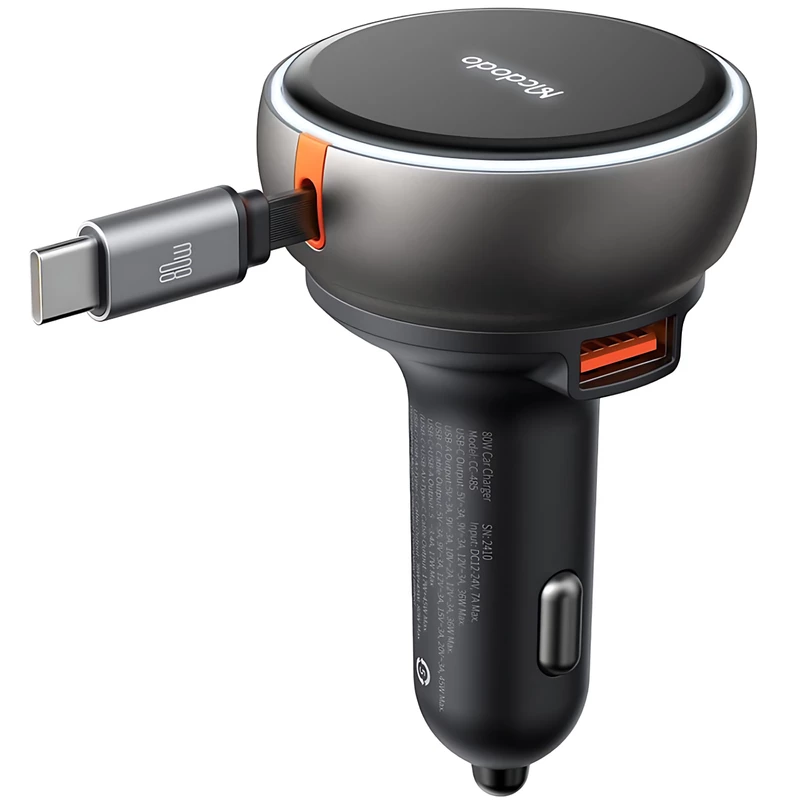 شارژر فندکی فست شارژ ماشین تایپ سی 80 وات با کابل جمع شونده تایپ سی مک‌دودو CC-4850