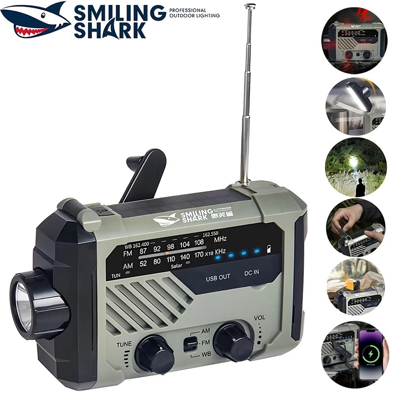 چراغ قوه شارژی و لامپ کمپینگ خورشیدی ضدآب چندمنظوره اسمایلینگ شارک Smiling Shark YJ-D290 با رادیو، پاوربانک و ژنراتور دستی
