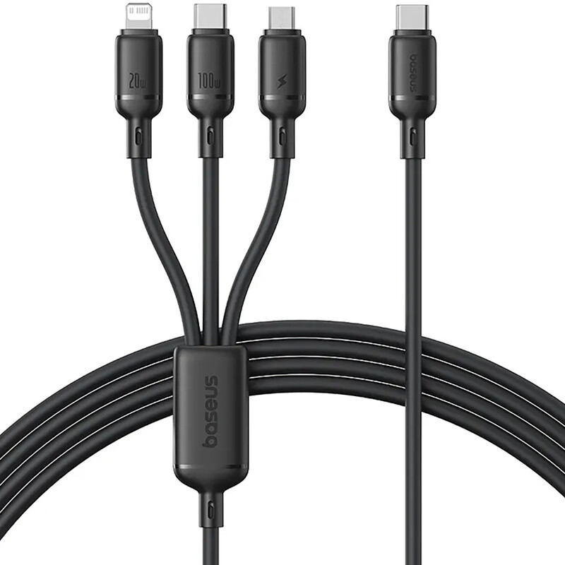 کابل شارژ چندکاره سه سر تایپ‌سی به تایپ سی، لایتنینگ و میکرو یو‌اس‌بی 100 وات 5 آمپر 1.5 متری بیسوس CB000166
