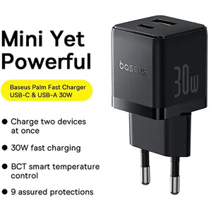 بهترین شارژر دیواری فست تایپ‌سی و یو اس بی 30 وات بیسوس با کابل دو سر تایپ سی