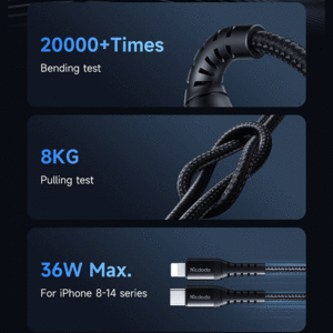 فروش کابل شارژ سریع تایپ سی به لایتنینگ 36 وات 3 آمپر 0.2 متری مک دودو