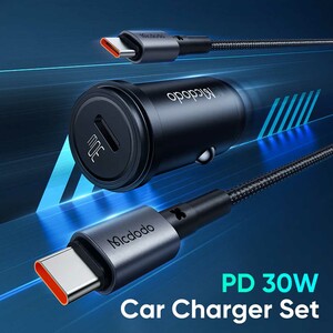 شارژر فندکی فست شارژ ماشین تایپ سی 30 وات با کابل دو سر تایپ‌سی 1.2 متری مک دودو