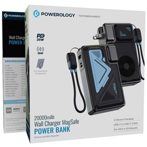 پاوربانک 20000 وایرلس و شارژر دیواری تایپ‌سی، USB و لایتنینگ فست شارژ 35 وات پاورولوژی