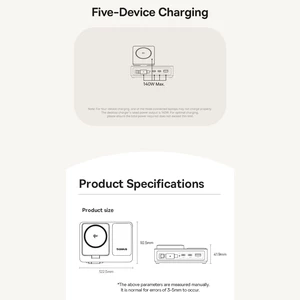 شارژر رومیزی یک یو‌اس‌بی، دو تایپ‌سی و یک کابل تایپ‌سی جمع شونده 140 وات و شارژر وایرلس مگنتی 15 وات تاشو چندکاره بیسوس