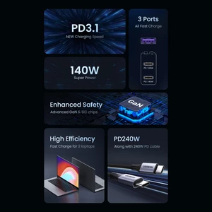 شارژر دیواری فست شارژ تایپ‌‍سی و یو‌اس‌بی 140 وات یوگرین با کابل دوسر تایپ‌سی