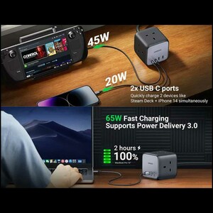 چندراهی برق 2500 وات سه سوکت، دو USB و دو Type-  فست 65 وات یوگرین