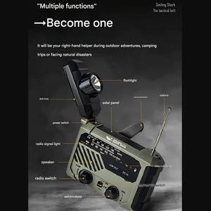 چراغ قوه شارژی و لامپ کمپینگ خورشیدی ضدآب چندمنظوره اسمایلینگ شارک با رادیو، پاوربانک و ژنراتور دستی