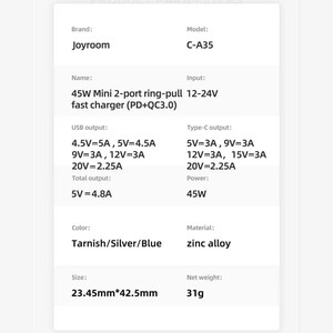 شارژر فندکی فست شارژ ماشین تایپ سی 45 وات جویروم