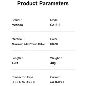 بهترین کابل فست‌شارژ یو‌اس‌بی به تایپ‌سی 100 وات 6 آمپر 1.2 متری مک دودو