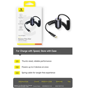 شارژر فندکی فست شارژ ماشین تایپ‌سی 30 وات با کابل فنری متصل تایپ‌سی بیسوس