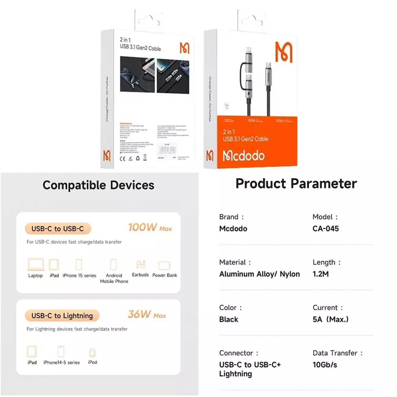 کابل شارژ سریع سه سر تایپ سی به تایپ سی و لایتنینگ مک دودو CA-045