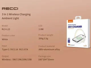 شارژر بی سیم و چراغ خواب رسی Recci RLS-L15 Wireless Charging 3-In-1 charger 15W