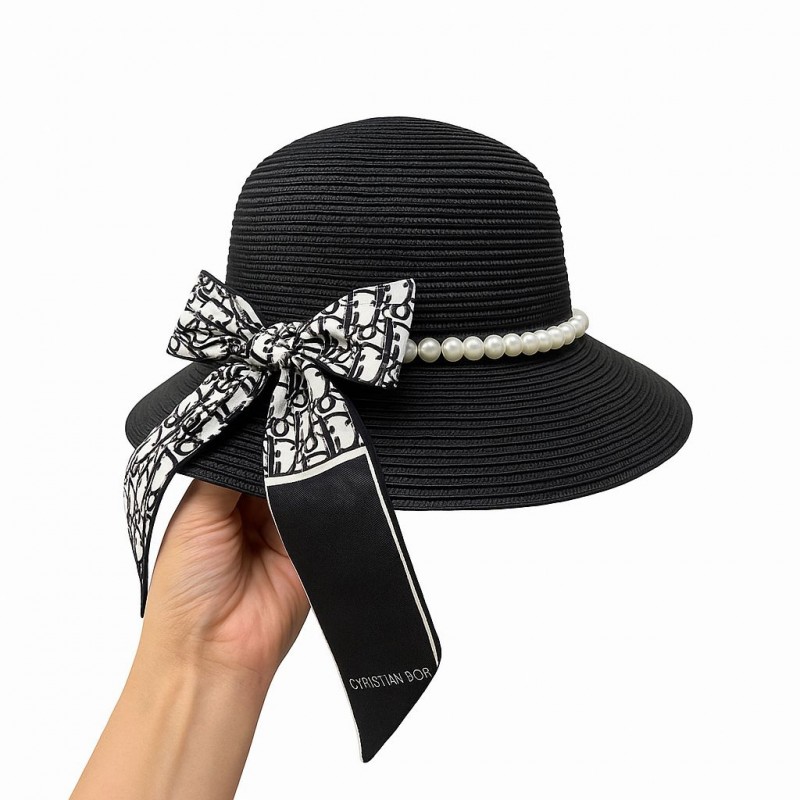 کلاه زنانه مشکی با شال Dior و ردیف مروارید