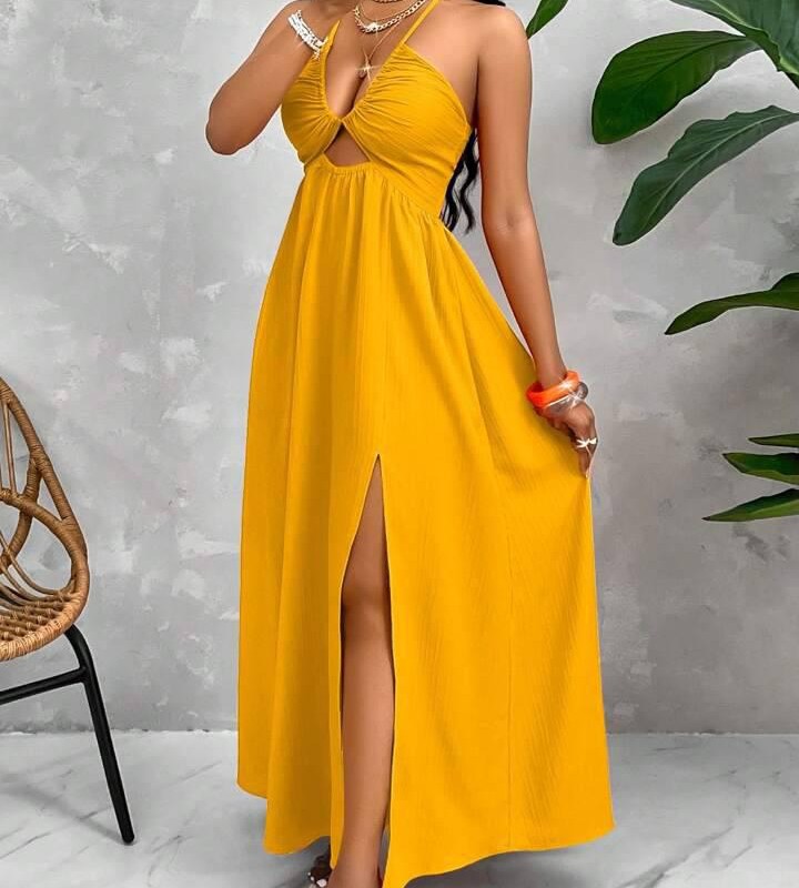 پیراهن ماکسی یقه هالتری برش‌دار – برند SHEIN