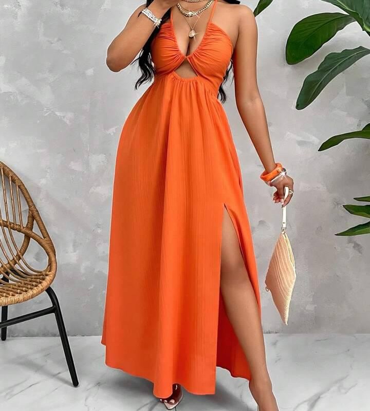 پیراهن ماکسی یقه هالتری برش‌دار – برند SHEIN