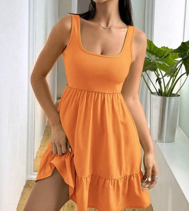 پیراهن کوتاه زنانه نارنحی بافت کبریتی | برند SHEIN