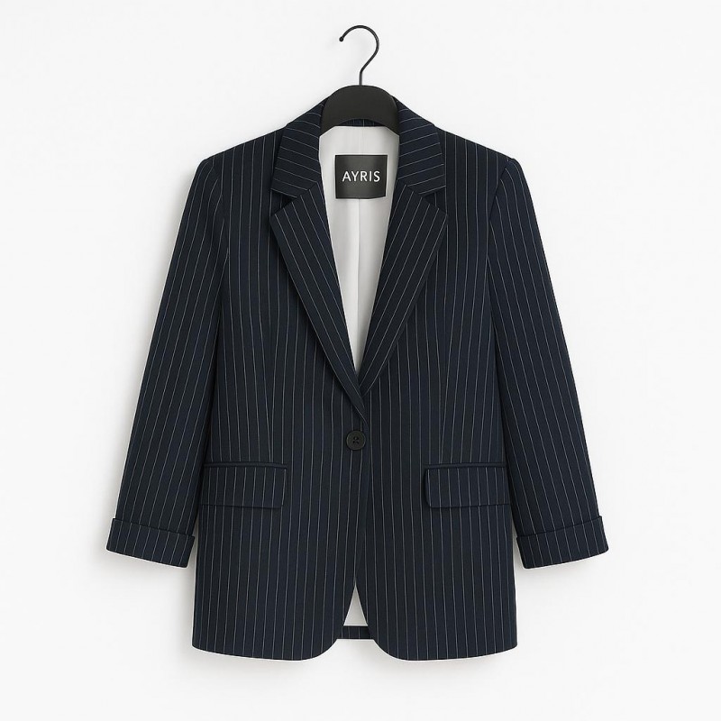 کت تک زنانه ترک AYRISS– مدل راه‌راه کلاسیک (سرمه‌ای تیره)