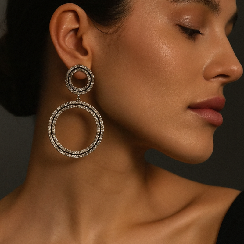 گوشواره مجلسی دایره‌ای دوتایی نگینی مدل TWIN CIRCLE