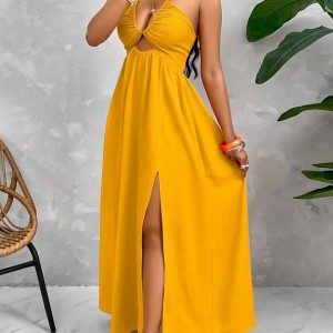 پیراهن ماکسی یقه هالتری برش‌دار – برند SHEIN