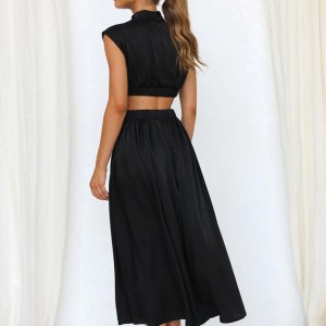 پیراهن ماکسی زنانه مشکی – طراحی برش‌دار و جیب‌دار | برند SHEIN