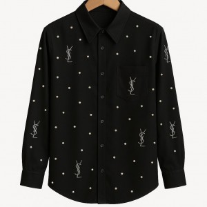 شومیز مشکی وارداتی YSL – ابریشم شیشه‌ای براق با نگین و مروارید