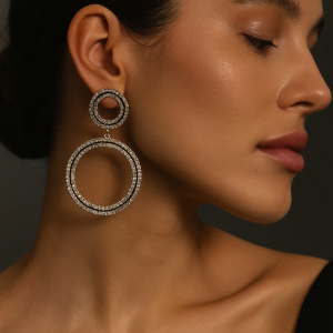 گوشواره مجلسی دایره‌ای دوتایی نگینی مدل TWIN CIRCLE