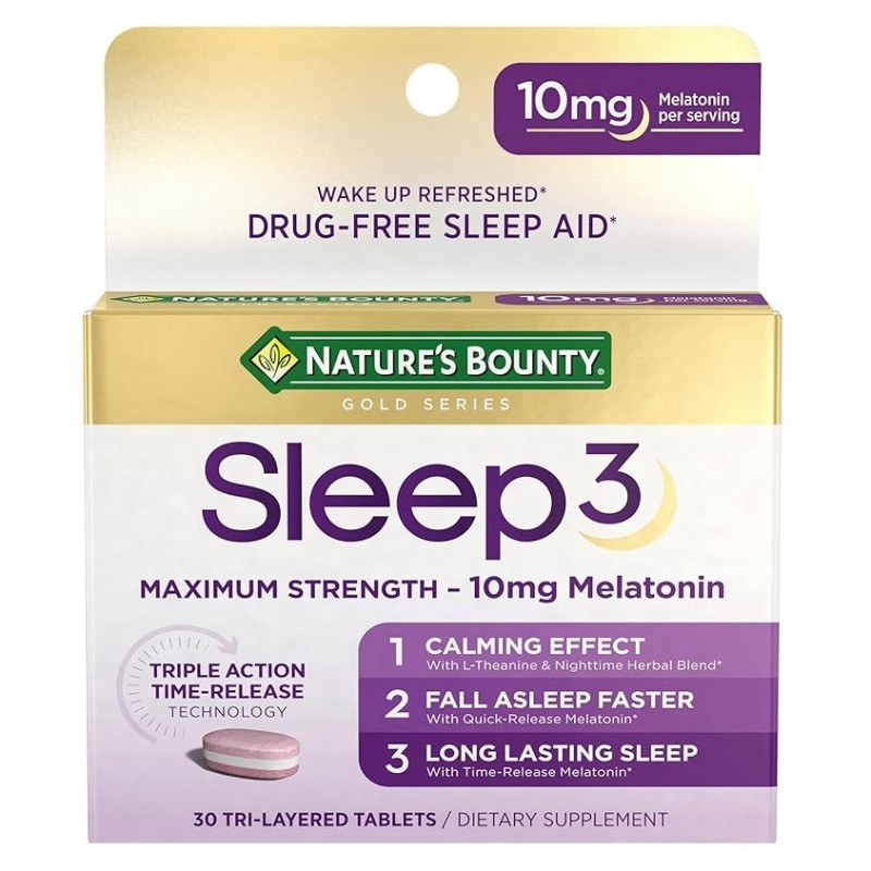 قرص چرخه خواب Nature’s Bounty Sleep3 Melatonin 10mg Maximum Strength نیچرز بونتی (30 عددی)