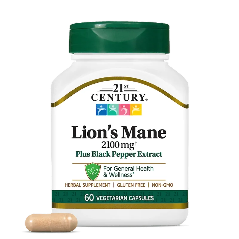 کپسول گیاهی قارچ تقویت سیستم ایمنی بدن 21Century Lion's Mane 2100mg Plus Black Pepper Extract قرن 21 (60 عددی)