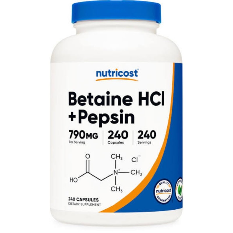 کپسول بهبود عملکرد گوارش بتائین Nutricost Betaine HCL + Pepsin 790mg (240 عددی)