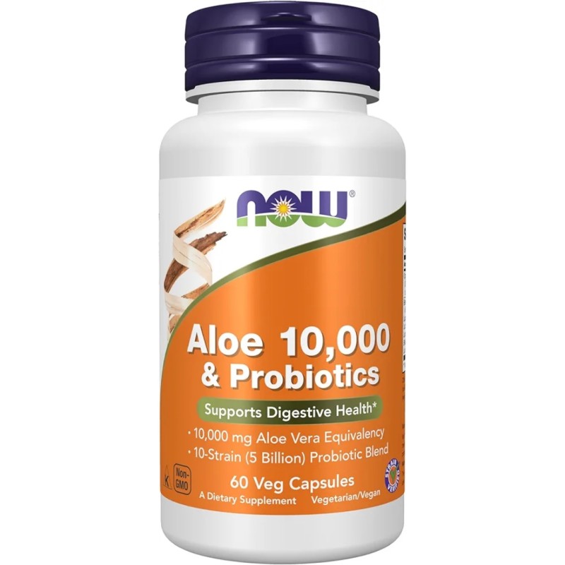 کپسول بهبود گوارش آلوئه ورا و پروبیوتیک NOW Foods Aloe Vera 10.000 Probiotics (60 عددی)