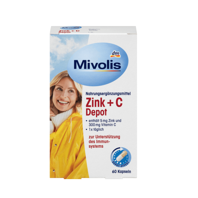 قرص زینک همراه با ویتامین C میولیس Mivolis Zinc 5mg + C 300mg Depot (60 عددی)
