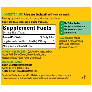 قرص ال-لیزین NatureMade L-Lysine 1000mg نیچرمید (60 عددی)