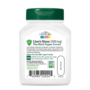 کپسول گیاهی قارچ تقویت سیستم ایمنی بدن 21Century Lion's Mane 2100mg Plus Black Pepper Extract قرن 21 (60 عددی)