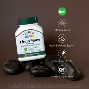 کپسول گیاهی قارچ تقویت سیستم ایمنی بدن 21Century Lion's Mane 2100mg Plus Black Pepper Extract قرن 21 (60 عددی)
