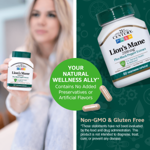 کپسول گیاهی قارچ تقویت سیستم ایمنی بدن 21Century Lion's Mane 2100mg Plus Black Pepper Extract قرن 21 (60 عددی)
